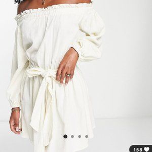 ASOS DESIGN off shoulder super crinkle beach mini dress in natural US 8